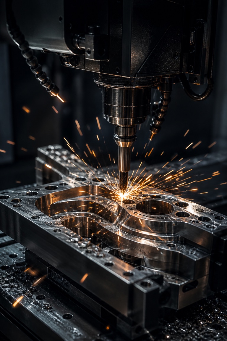 CNC milling machine cutting a metal part, with sparks flying